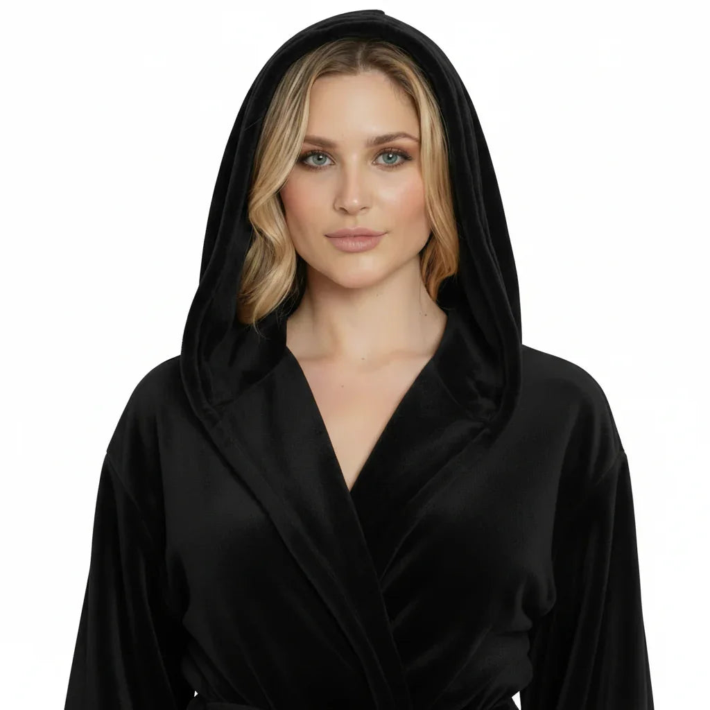 Woman wearing black plush hooded robe for cozy spa-worthy relaxation at home - Lotus Linen