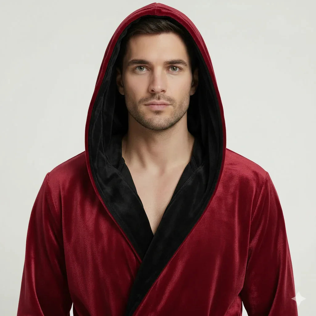 Man wearing plush hooded robe in deep red with black lining for spa-quality comfort at home - Lotus Linen