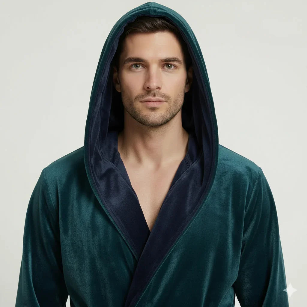 Man wearing a teal hooded plush robe with navy lining for spa-quality comfort at home - Lotus Linen