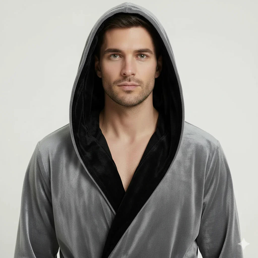 Man wearing grey hooded plush robe with black lining for spa-quality everyday comfort - Lotus Linen