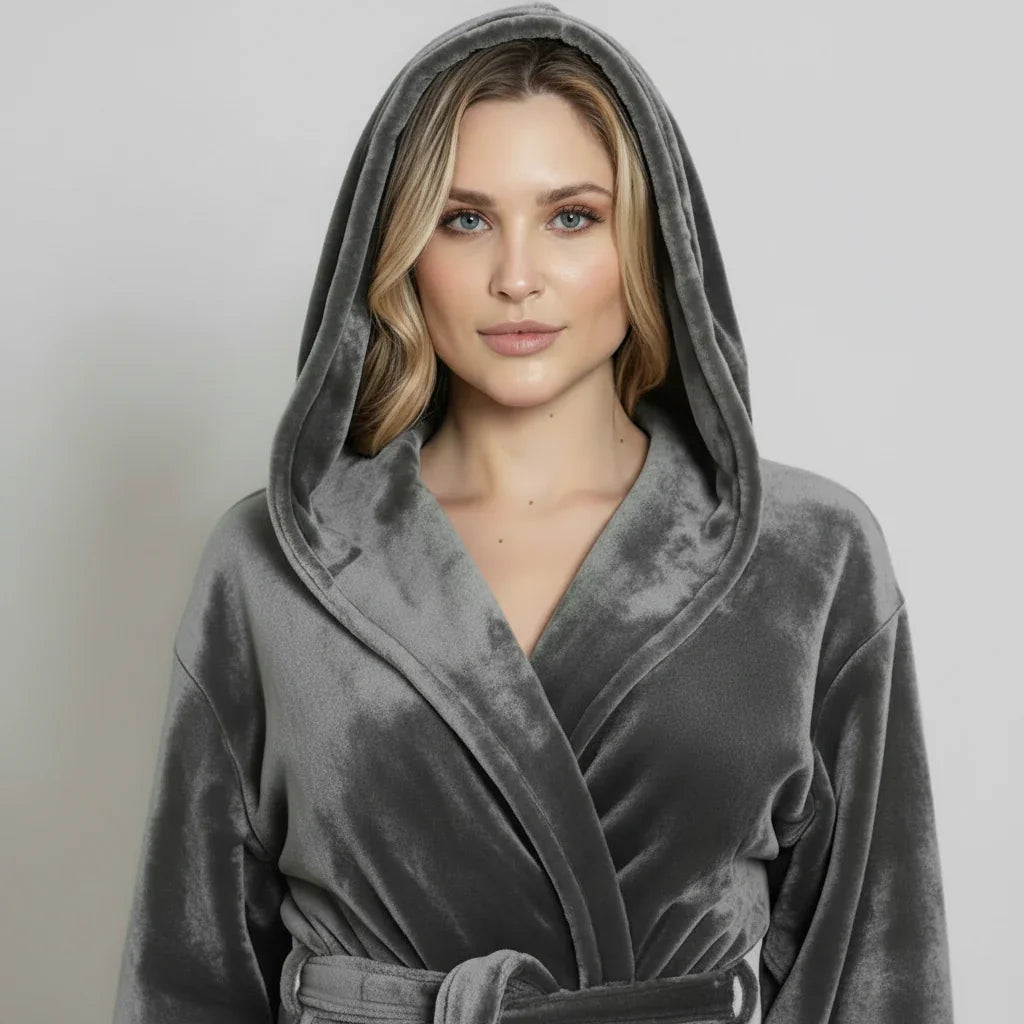Woman wearing grey plush hooded robe for cozy spa-worthy comfort at home - Lotus Linen