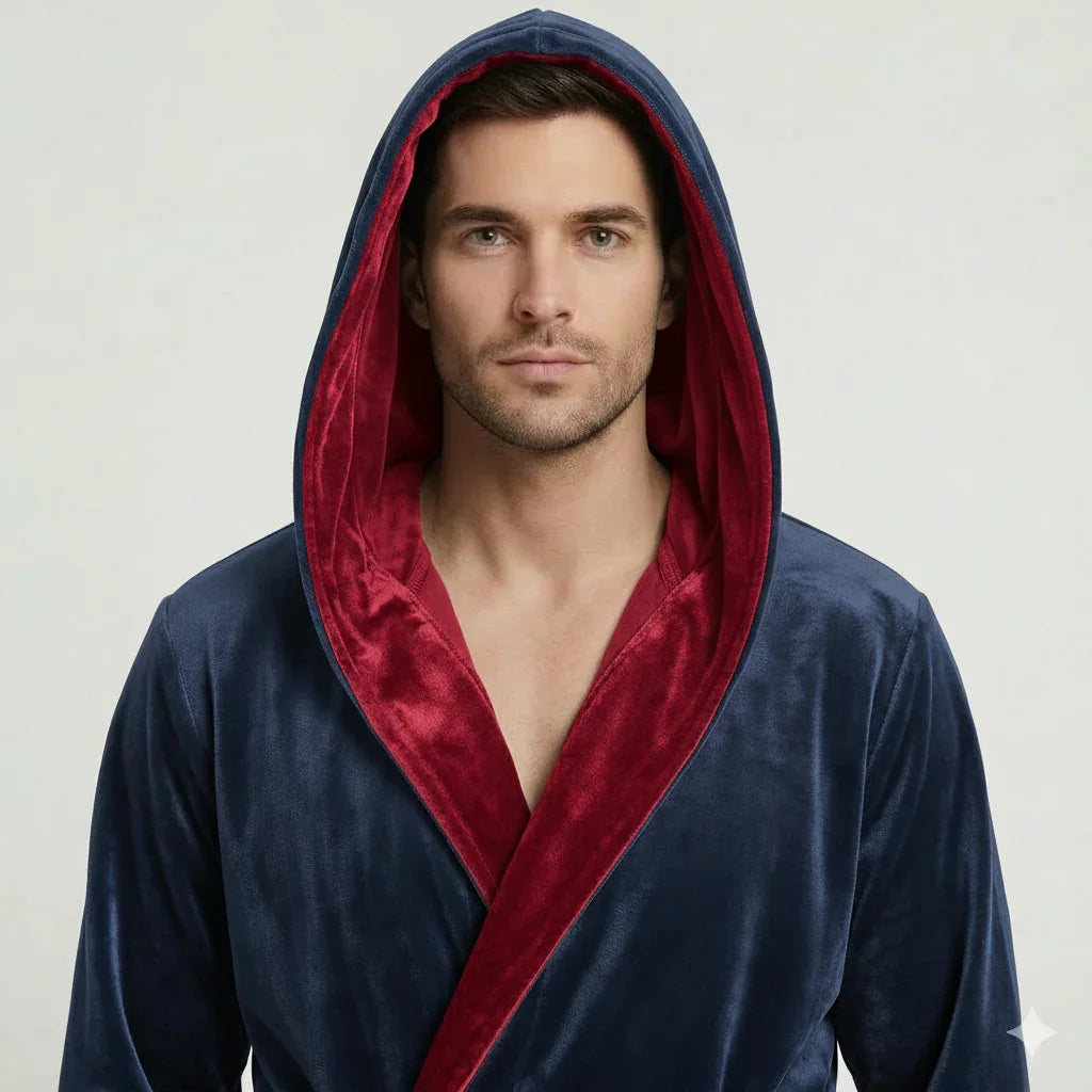 Man wearing navy and burgundy hooded plush robe for spa-quality comfort and relaxation at home - Lotus Linen