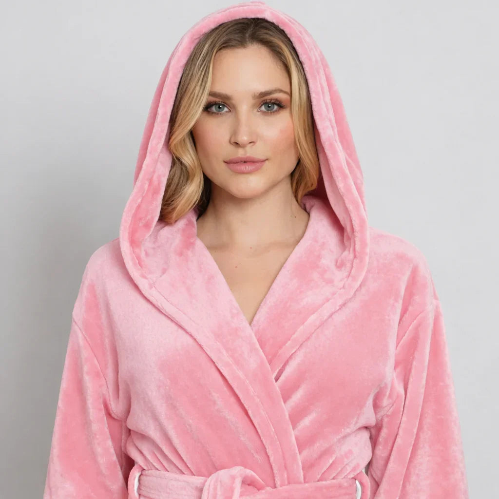 Women's plush hooded robe in soft pink for cozy spa-worthy comfort at home - Lotus Linen
