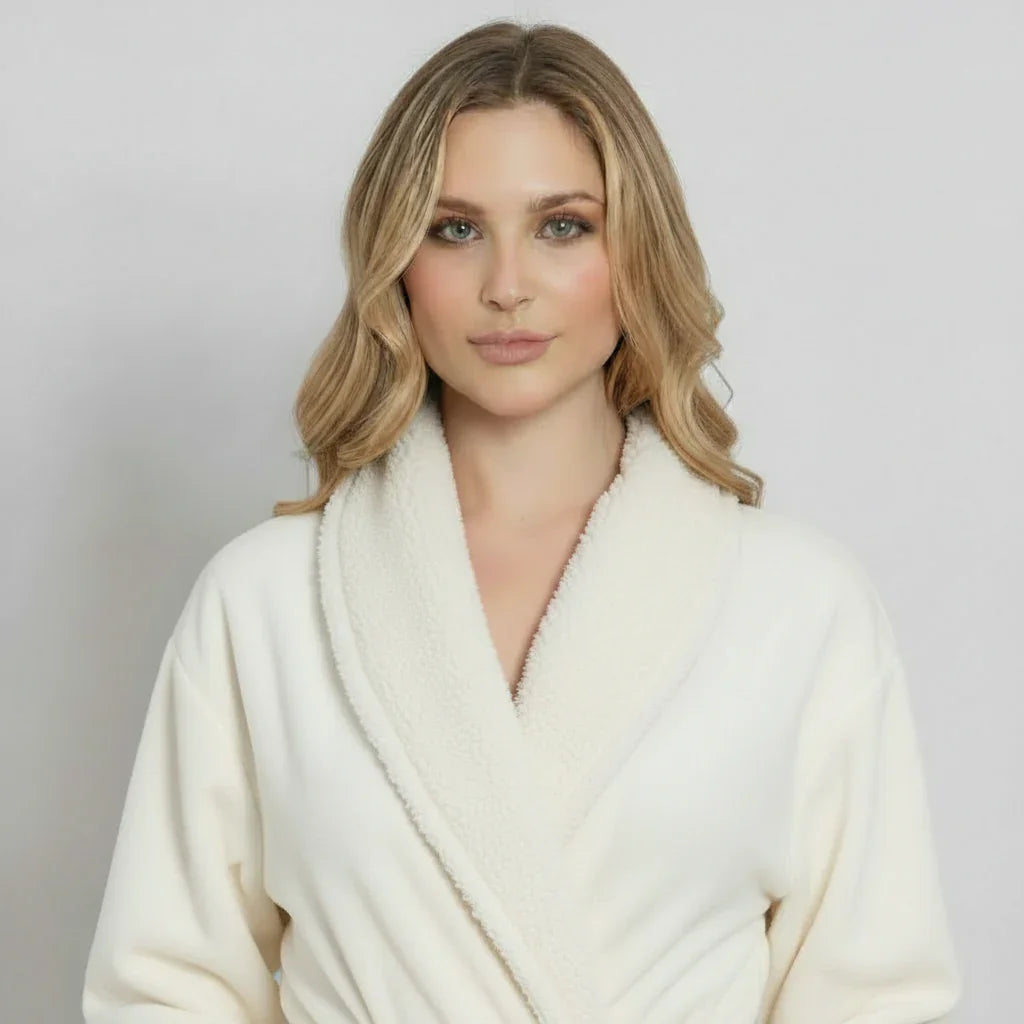 Woman wearing ultra soft white plush bathrobe with shawl collar for spa-quality comfort at home - Lotus Linen