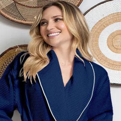 Women’s Waffle Piping Bathrobe – Lightweight Spa-Style Comfort - Lotus Linen