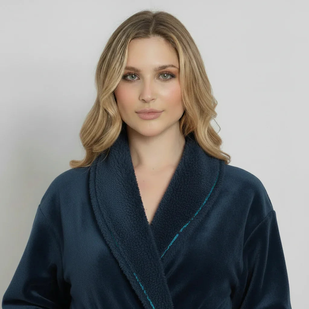 Woman modeling ultra soft plush bathrobe in deep navy with sherpa collar for spa-quality comfort - Lotus Linen