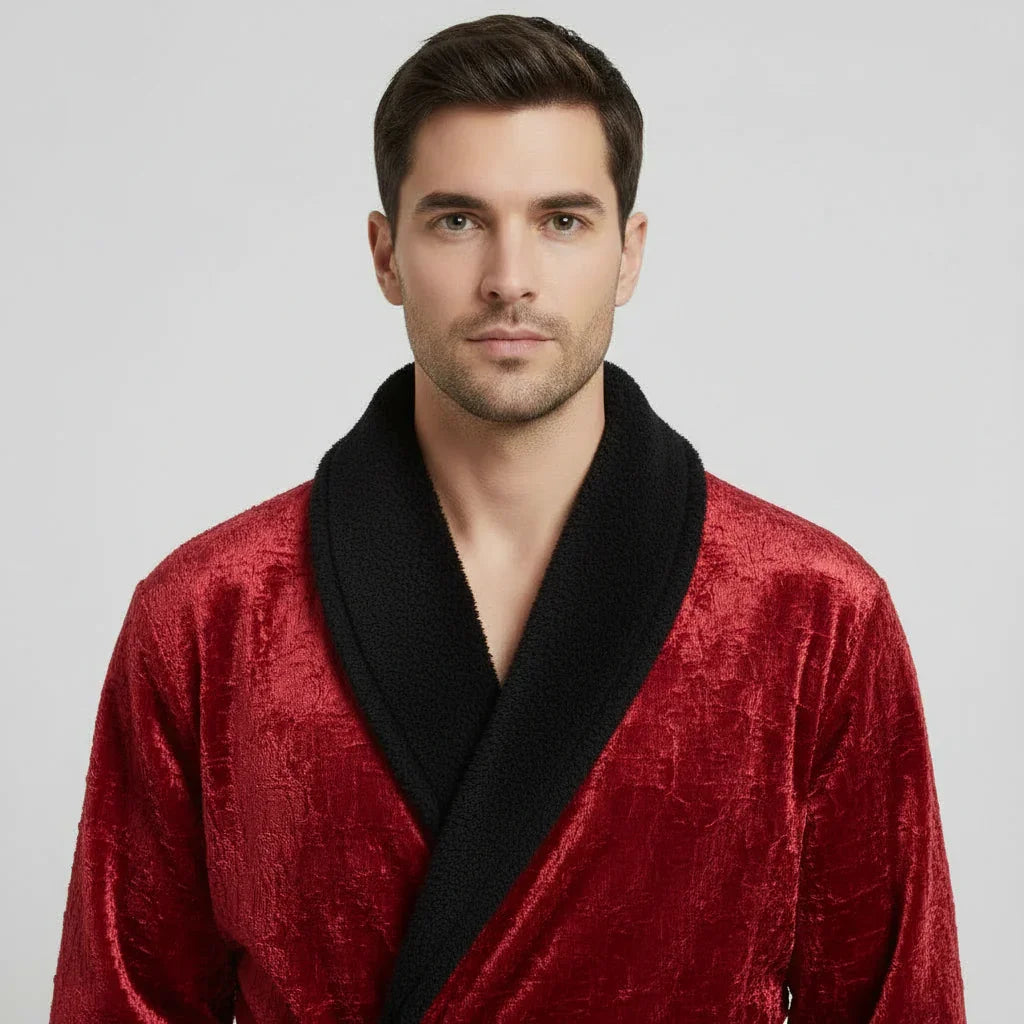 Man wearing plush red robe with black shawl collar for spa-quality comfort and lasting warmth - Lotus Linen