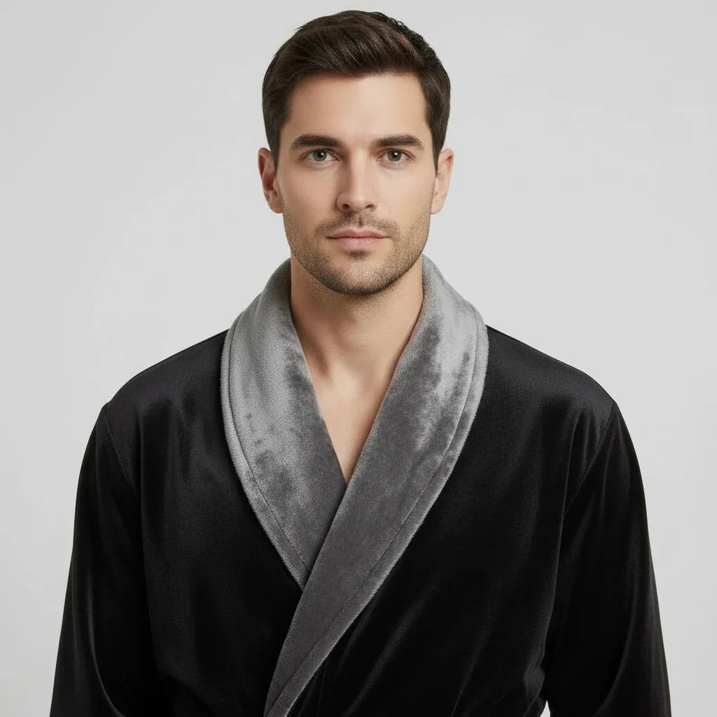 Man wearing plush black robe with grey shawl collar for spa-quality comfort and lasting softness - Lotus Linen