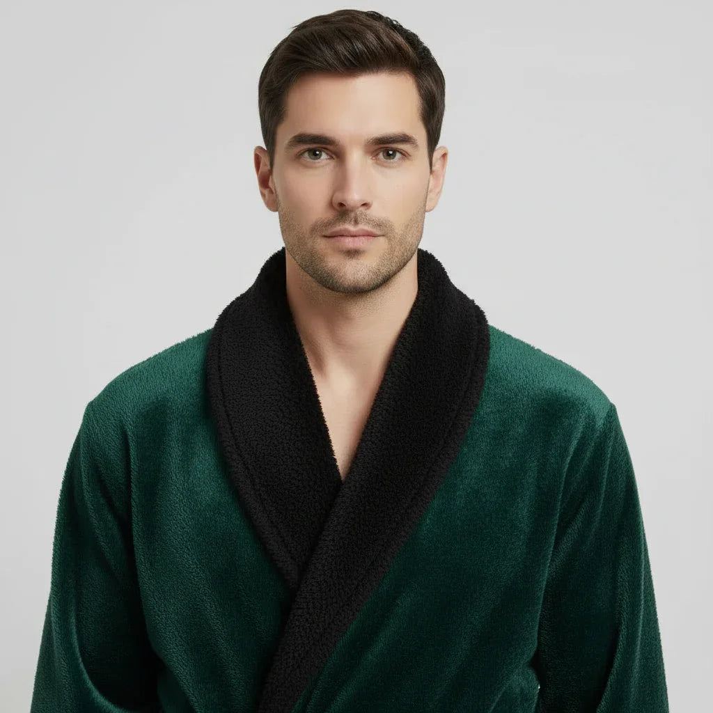 Man wearing plush green robe with black shawl collar for spa-quality comfort and relaxation - Lotus Linen