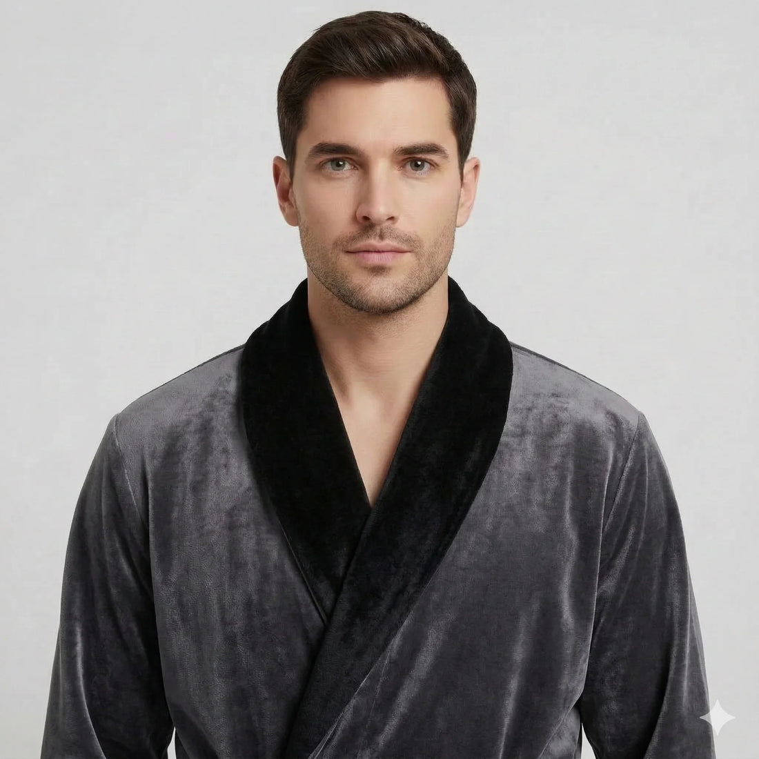 Man wearing plush charcoal robe with black shawl collar for spa-quality comfort and lasting softness - Lotus Linen
