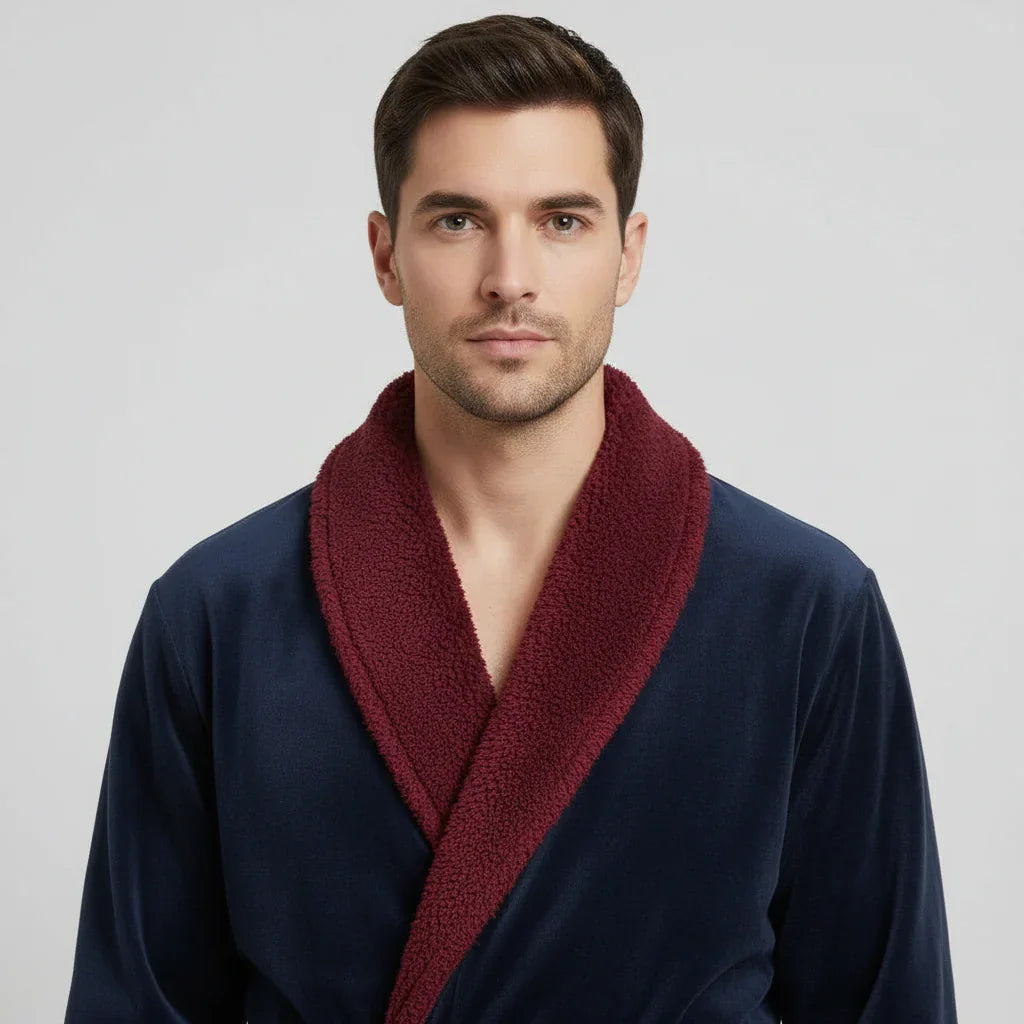 Man wearing plush navy robe with burgundy shawl collar for spa-quality comfort and lasting softness - Lotus Linen