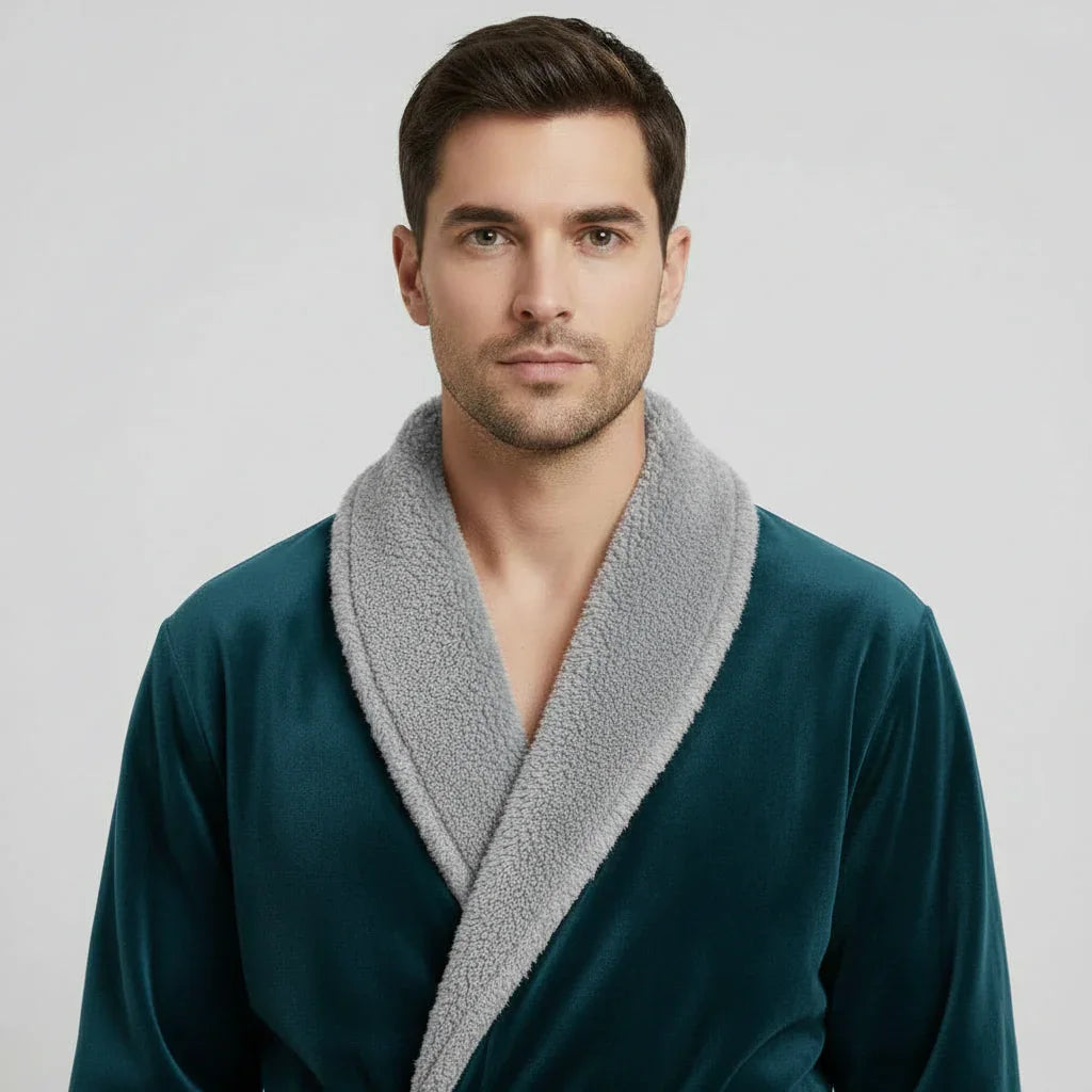 Man wearing plush teal robe with sherpa collar for spa-quality comfort and lasting softness - Lotus Linen