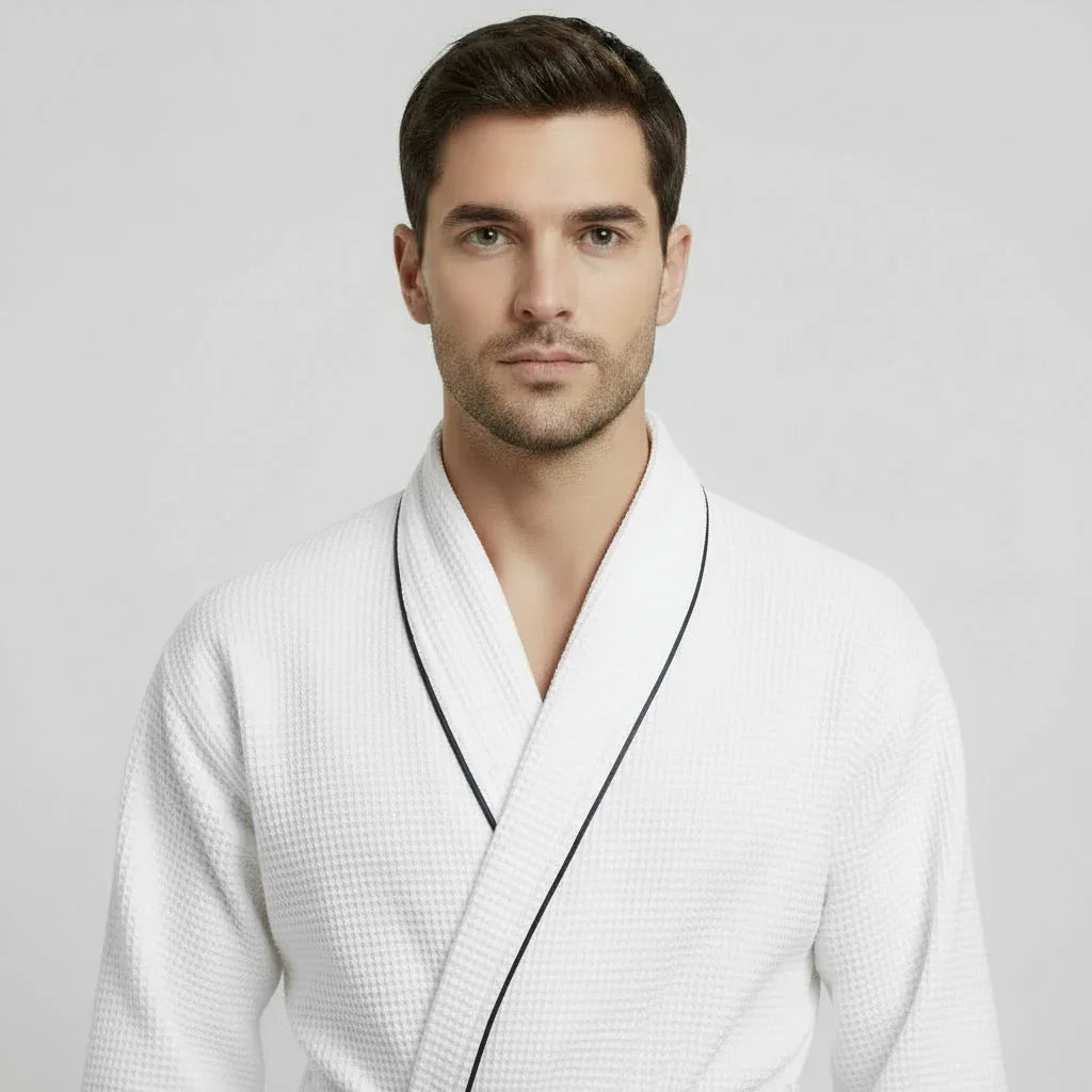 Man wearing white waffle-weave piping robe with elegant contrast trim for spa-quality comfort at home - Lotus Linen