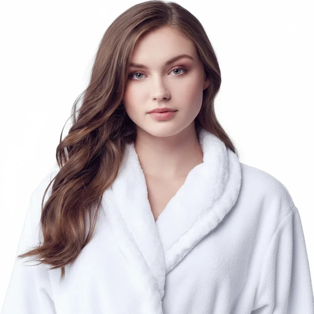 Woman in white plush bathrobe enjoying spa-quality comfort and softness - Lotus Linen