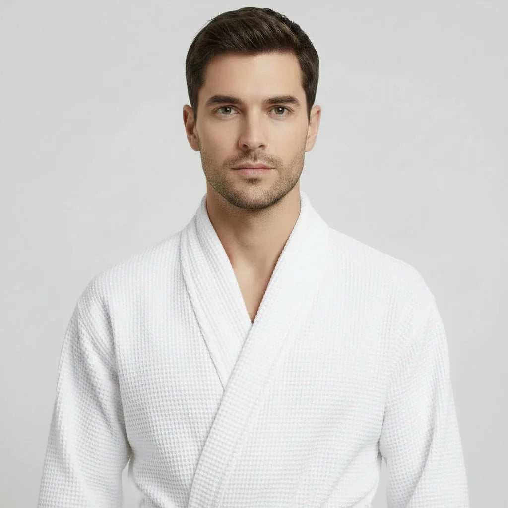Man wearing white waffle spa bathrobe with shawl collar for lightweight breathable comfort - Lotus Linen