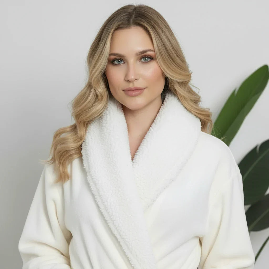 Woman wearing white ultra soft plush bathrobe with sherpa collar for spa-quality comfort at home - Lotus Linen