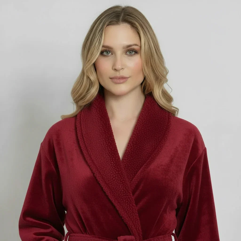 Woman wearing ultra soft plush bathrobe in rich burgundy for cozy spa-quality comfort at home - Lotus Linen