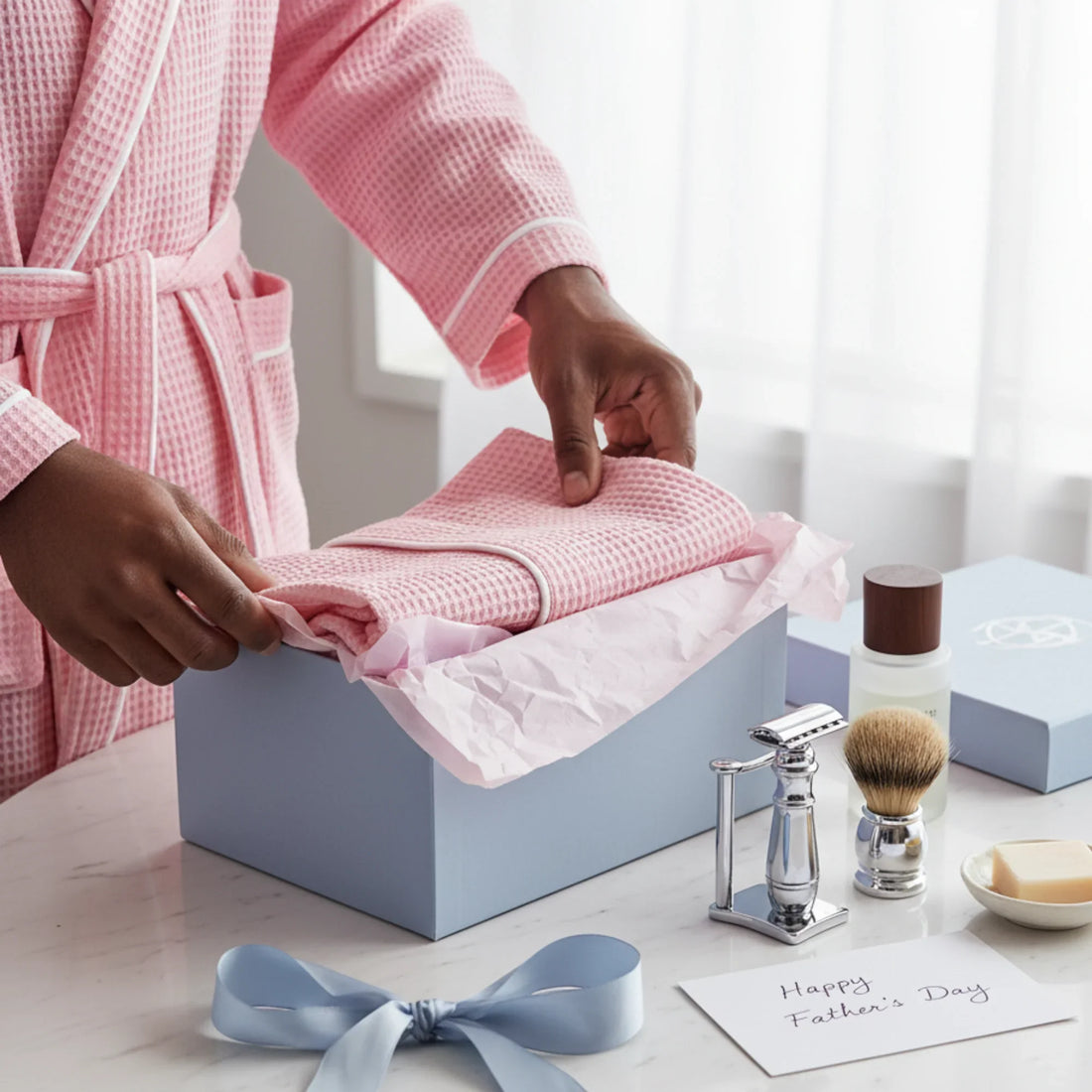 Father's Day gift set featuring men's pink waffle piping robe with spa-quality comfort and grooming essentials - Lotus Linen