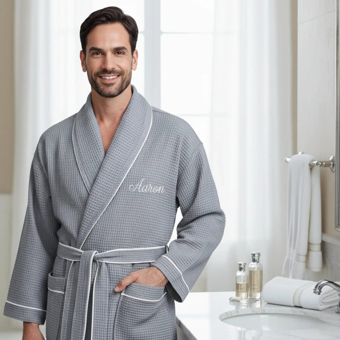 Men's waffle piping bathrobe in soft grey with personalized embroidery for luxurious spa-quality comfort - Lotus Linen