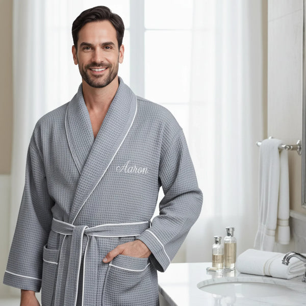Premium Waffle Piping Robe for Men - Gray with Piping