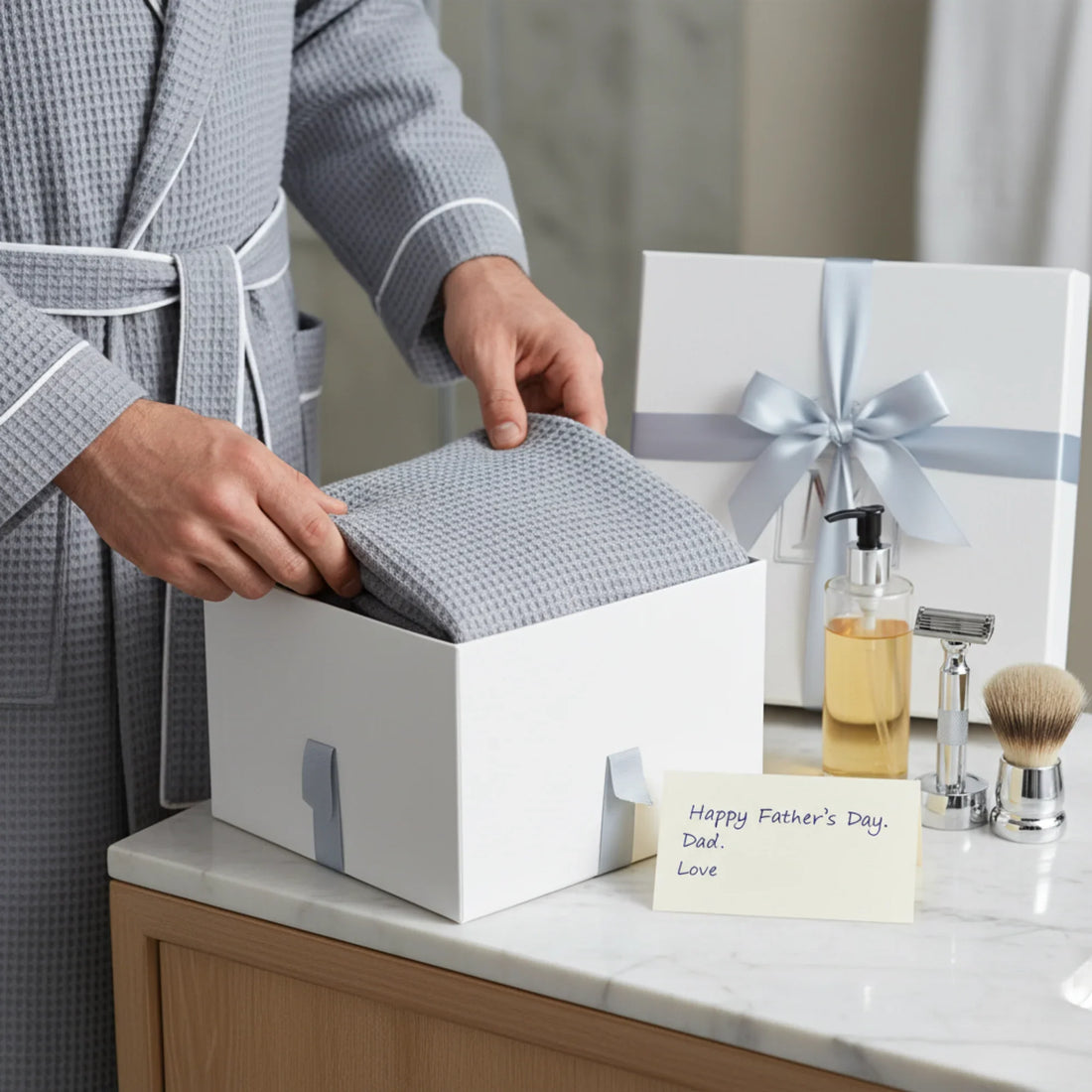 Man opening Father's Day gift box with grey waffle piping robe for luxurious spa-quality comfort at home - Lotus Linen