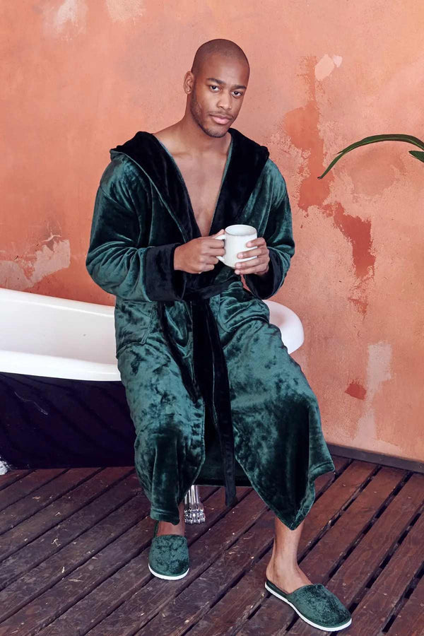 Men’s Robe with Hood – Ultra-Soft Plush Comfort for Everyday Use - Hooded Green Black