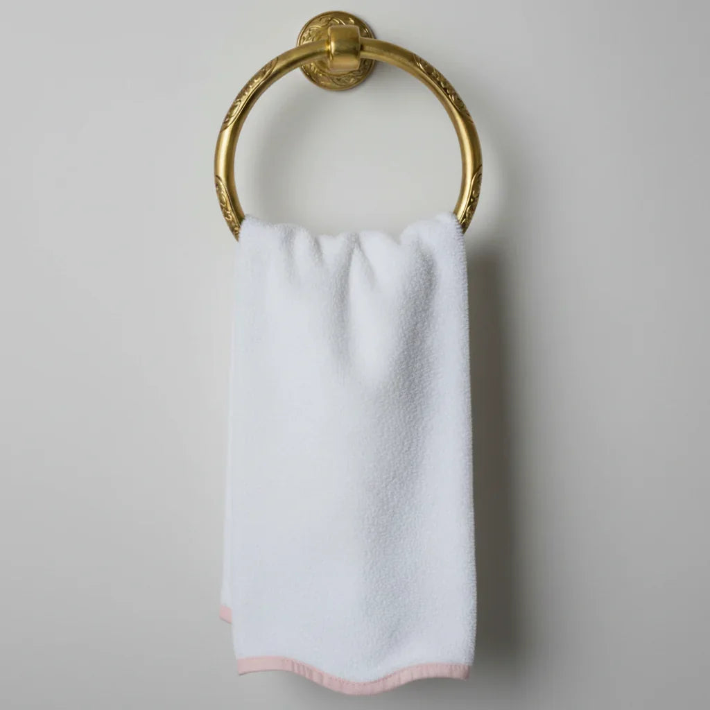 Luxury-lover's scallop piping bath sheet in white with blush trim for indulgent spa-quality comfort - Lotus Linen