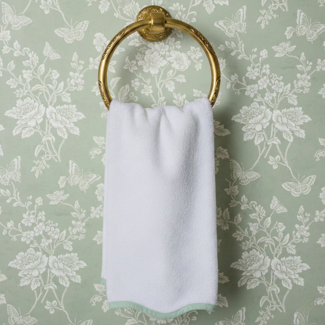 Luxury lover's oversized bath sheet in crisp white with mint scallop trim for spa-quality comfort at home - Lotus Linen