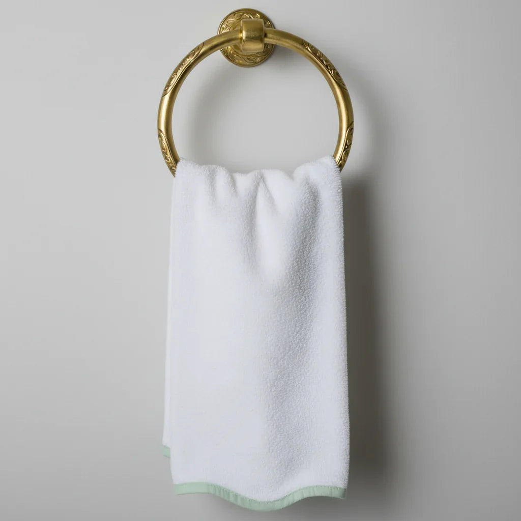 Soft white bath towel with mint trim on gold ring, delivering spa-quality comfort and plush absorbency - Lotus Linen