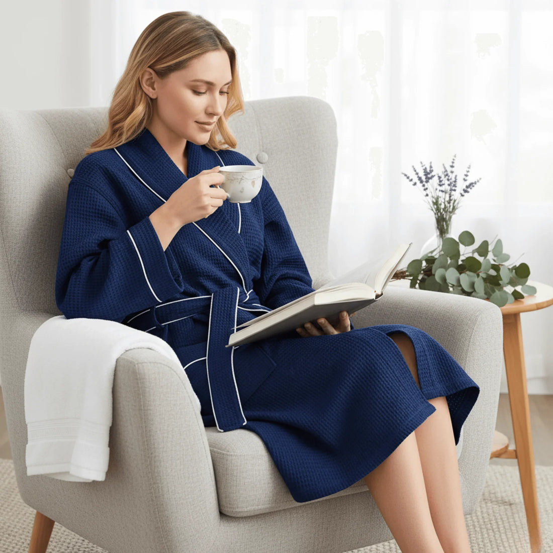 Woman in navy waffle knee-length robe with white piping enjoying cozy relaxation with tea and a book - Lotus Linen