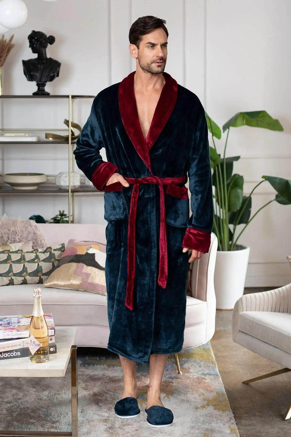 Cozy Mens Plush Robes – Built for Comfort, Designed to Last - Shawl Navy Burgundy