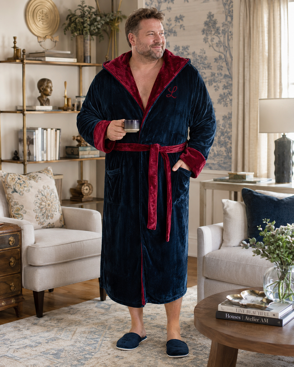 Men’s Robe with Hood – Ultra-Soft Plush Comfort for Everyday Use - Hooded Navy Burgundy