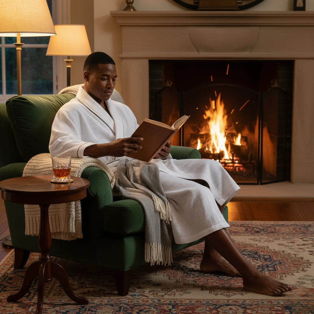 Man in white waffle piping robe reading by fireplace enjoying spa-quality comfort at home - Lotus Linen