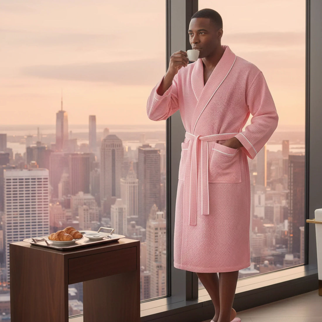 Man in pink waffle piping robe sipping espresso with skyline view, embodying spa-quality comfort at home - Lotus Linen