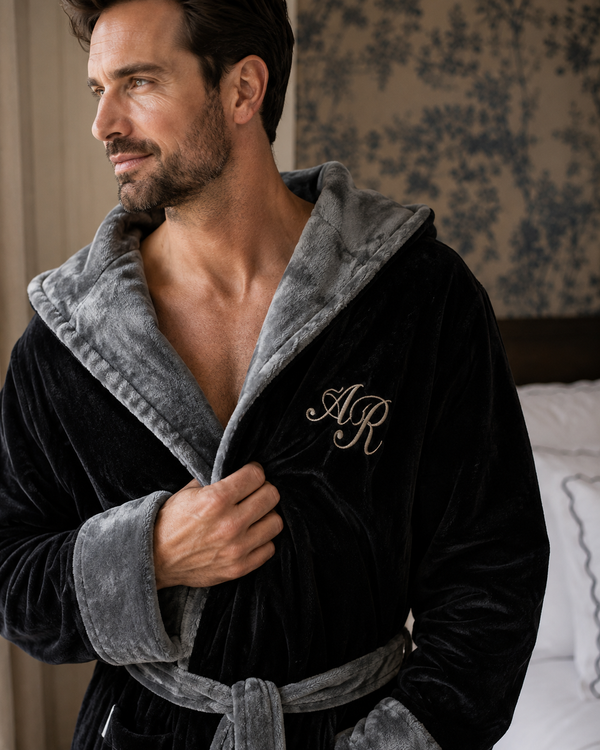 Men’s Robe with Hood – Ultra-Soft Plush Comfort for Everyday Use - Hooded Black Gray