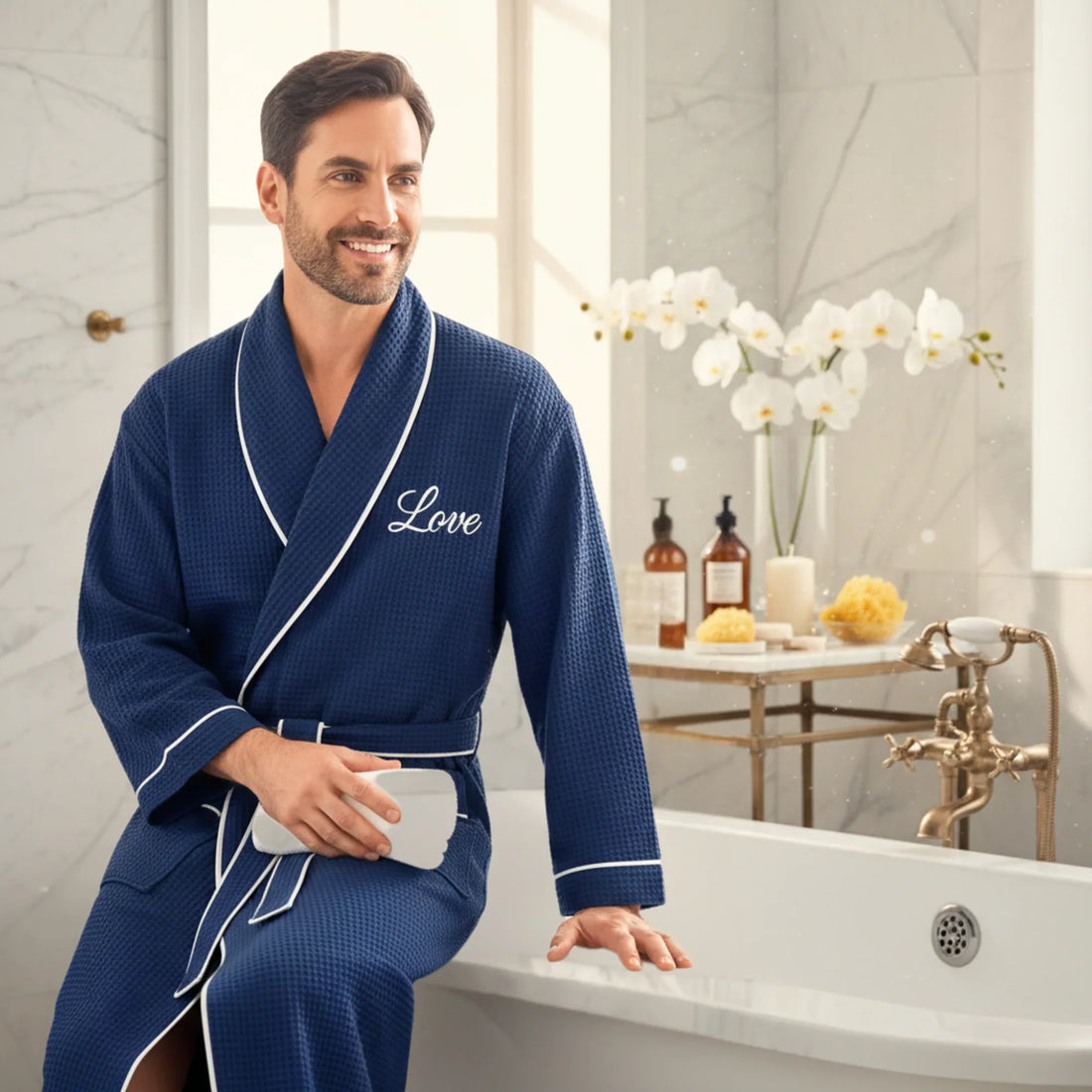Man in navy waffle piping robe with white trim enjoying spa-quality comfort by the bath - Lotus Linen