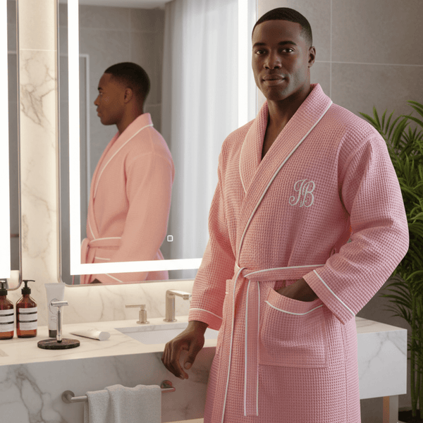 Man in monogrammed pink waffle piping robe with spa-quality comfort and elegant white trim - Lotus Linen