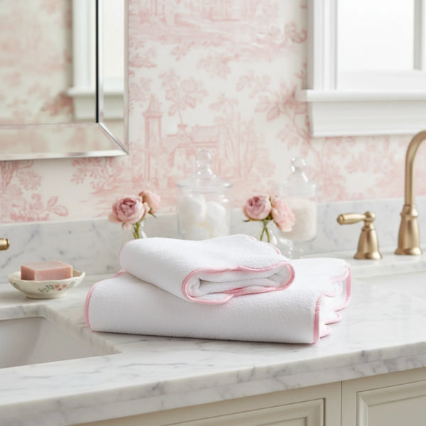 Scallop Piping Bath Sheet – Oversized Bathroom Towel - Pink Piping