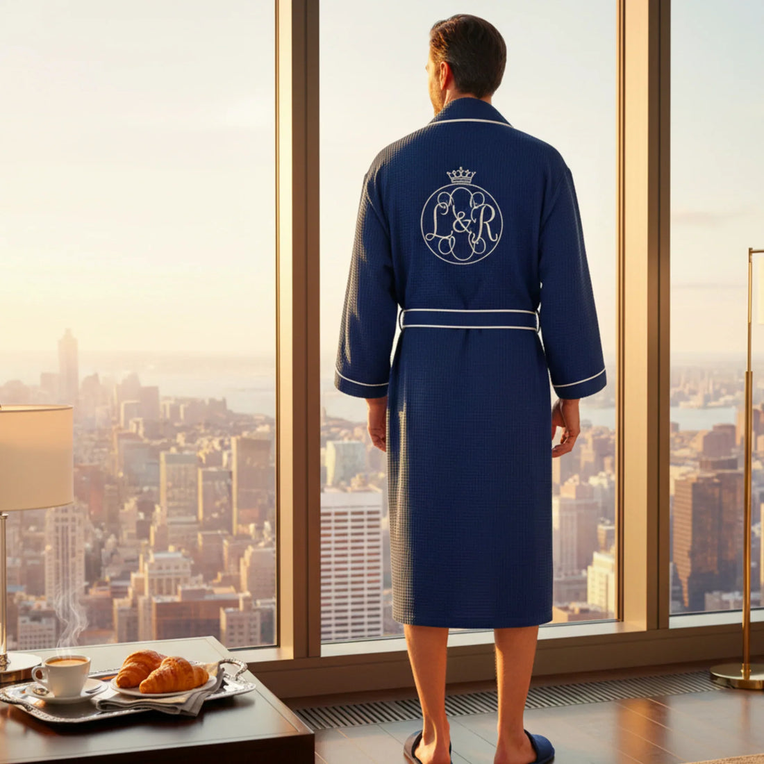 Man in navy waffle piping robe with elegant monogram enjoying sunrise city views in spa-quality comfort - Lotus Linen