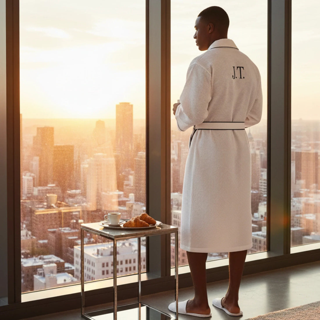 Man in monogrammed white waffle piping robe enjoying sunrise cityscape views in spa-quality comfort - Lotus Linen
