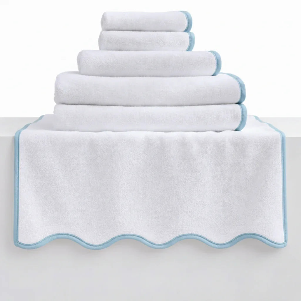 Oversized white bath sheet with blue scallop piping, spa-soft and absorbent - Lotus Linen