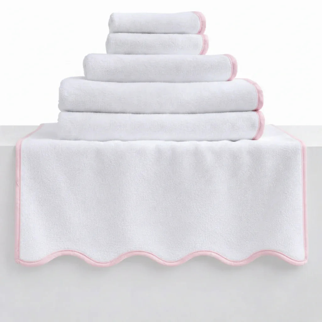 White bath sheet with blush scallop piping, draped for plush, cozy comfort - Lotus Linen