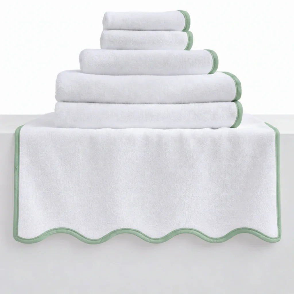 Soft white bath sheet with sage green scallop piping, plush and absorbent - Lotus Linen