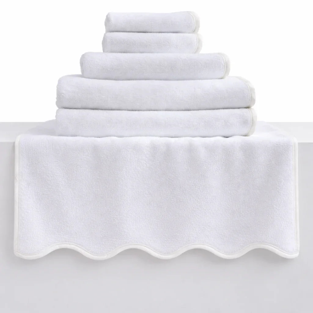 Oversized white bath sheet with scallop piping for a spa-inspired retreat at home - Lotus Linen