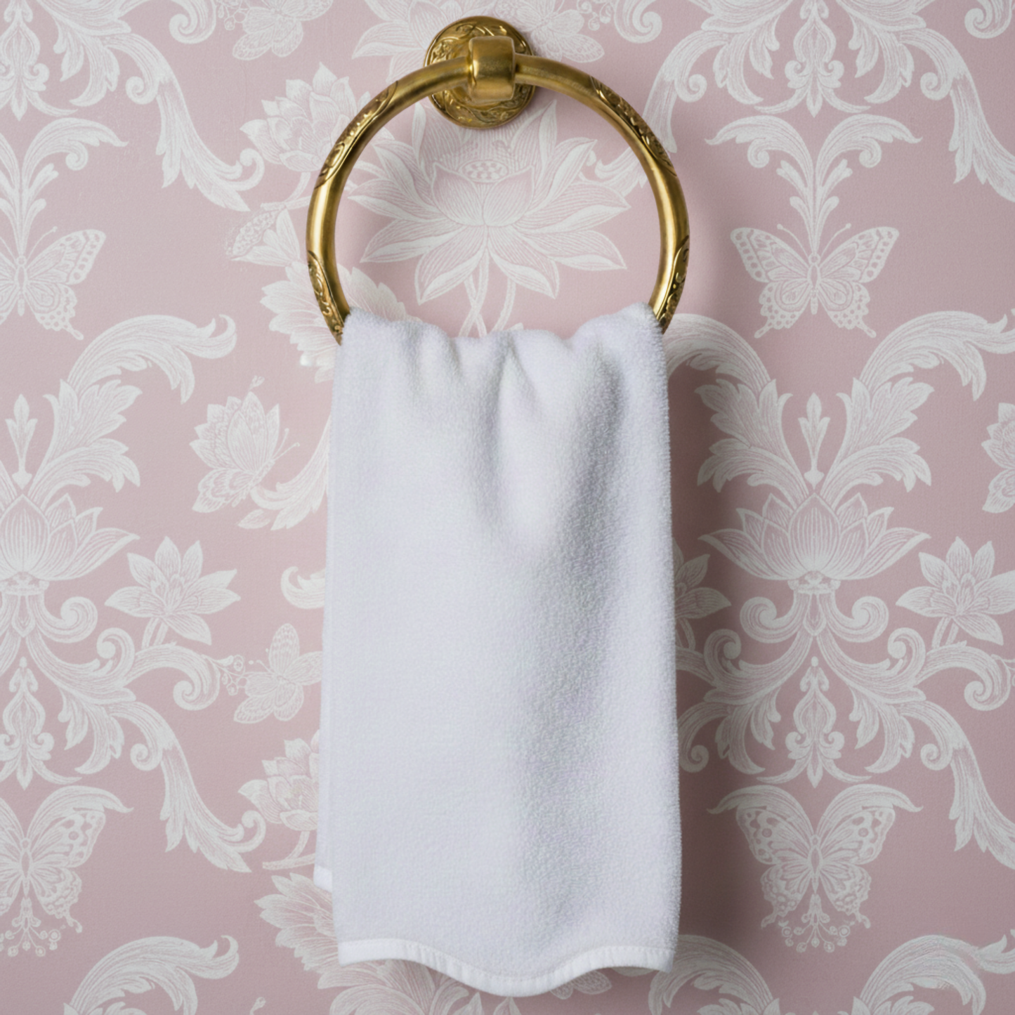 White scallop-piped luxury cotton hand towel draped on gold ring for spa-quality softness in your bathroom - Lotus Linen