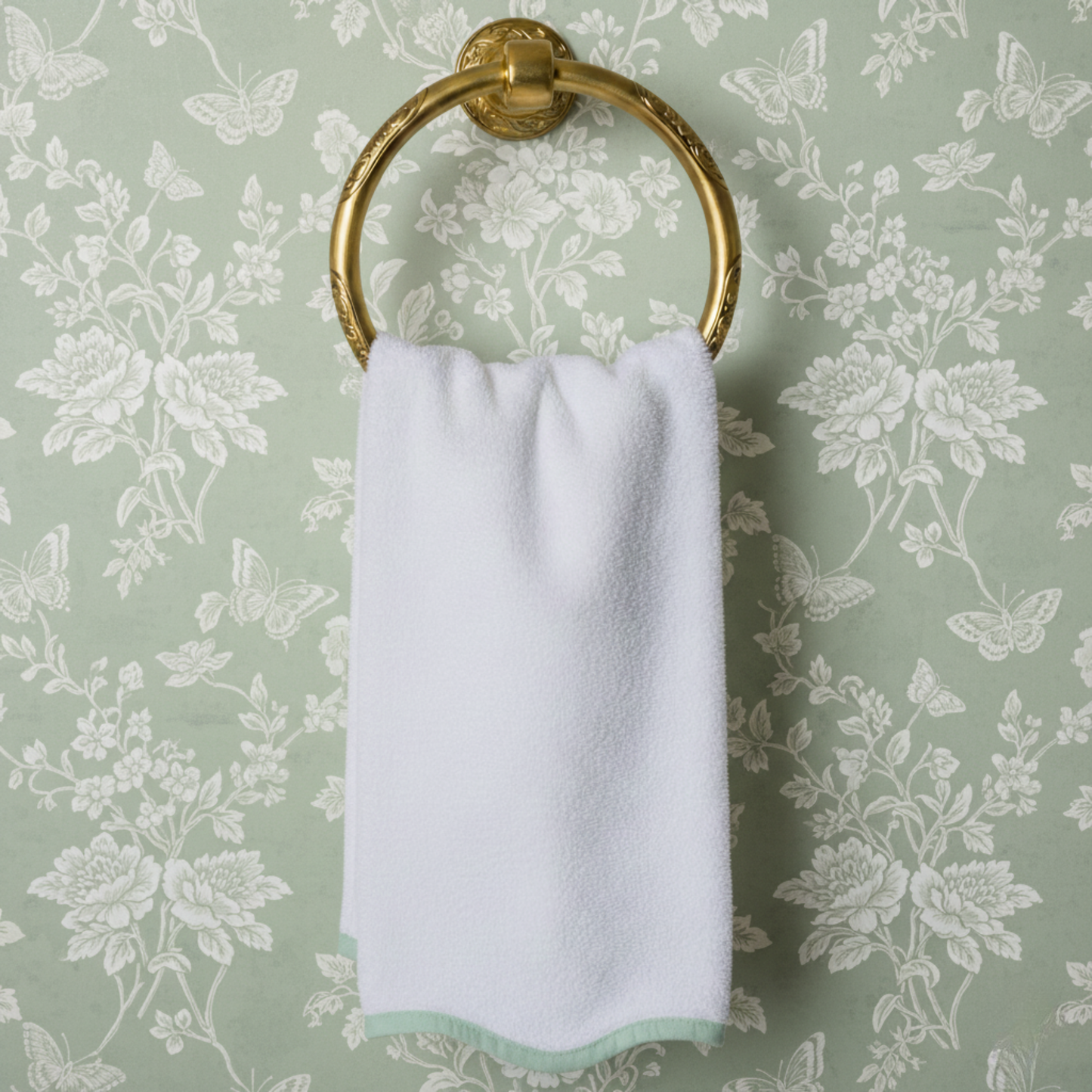 Elegant white cotton hand towel with mint scallop piping on gold ring holder for spa-quality comfort - Lotus Linen