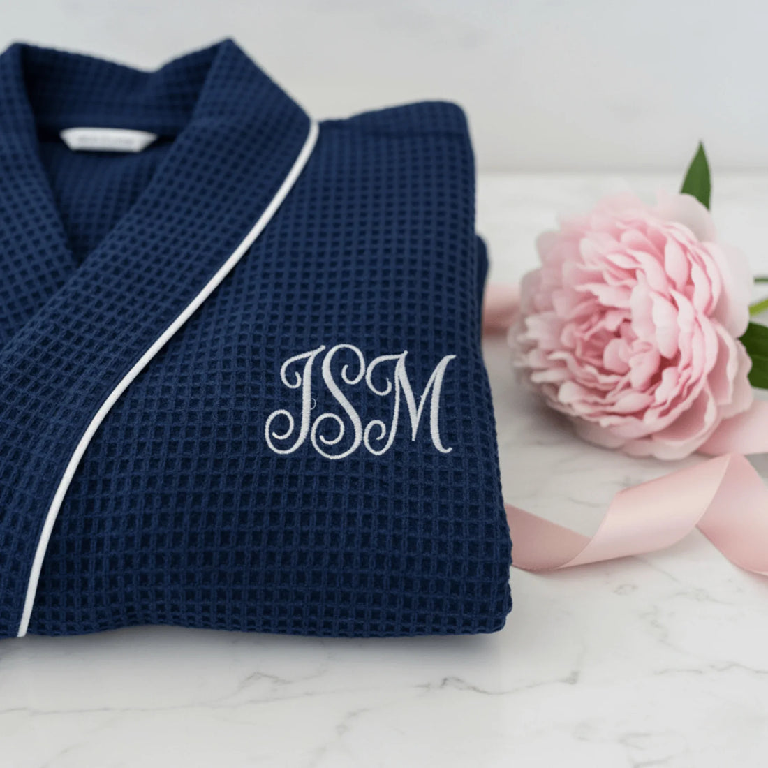Women's knee-length waffle robe in navy with JSM monogram for spa-quality comfort at home - Lotus Linen