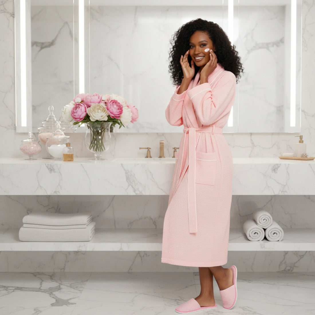 Woman in pink waffle-weave bathrobe with piping detail enjoying spa-quality comfort during skincare routine - Lotus Linen
