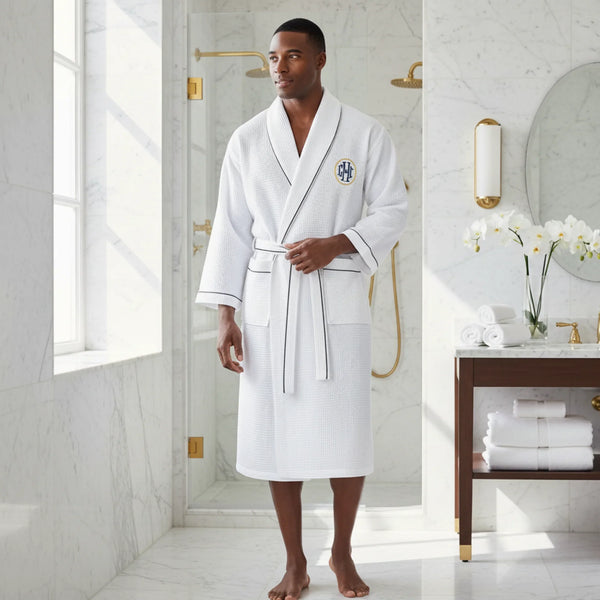 Premium Waffle Piping Robe for Men - White with Piping