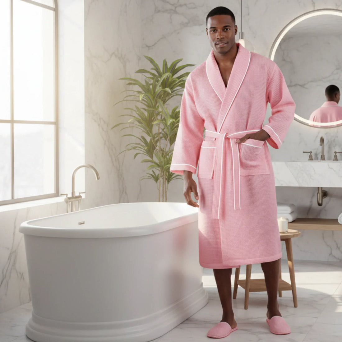 Man in pink waffle piping bathrobe with white trim enjoying spa-quality comfort in a luxurious marble bathroom - Lotus Linen